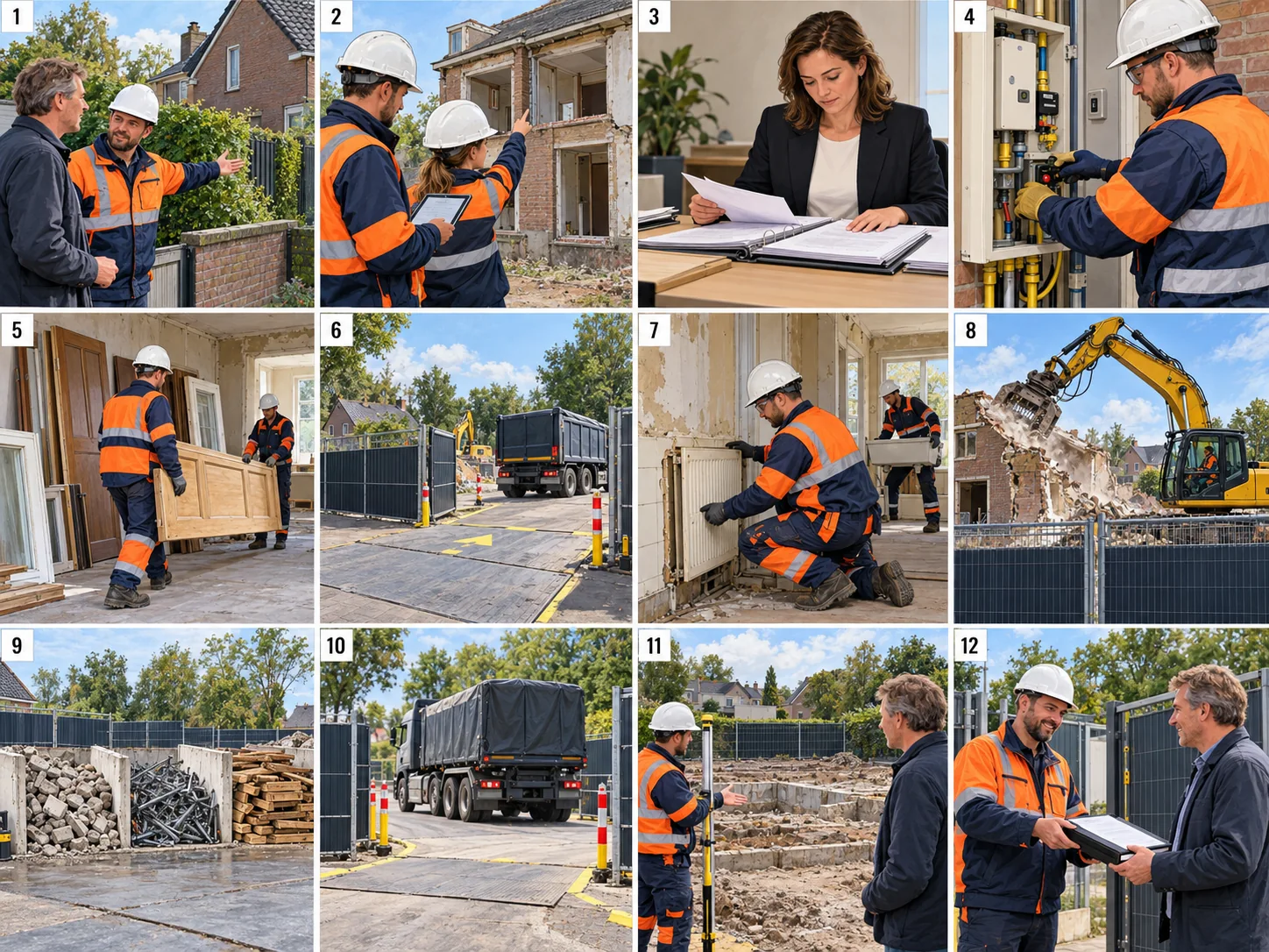 AI-illustratie in twaalf genummerde scènes: woning of bedrijfspand slopen, van voorbereiding en onderzoek tot professionele uitvoering en overdracht.